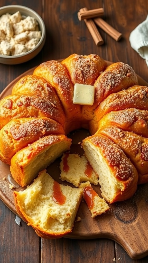 Golden brown monkey bread on a wooden table, with cinnamon sugar and pulled-apart biscuit pieces.